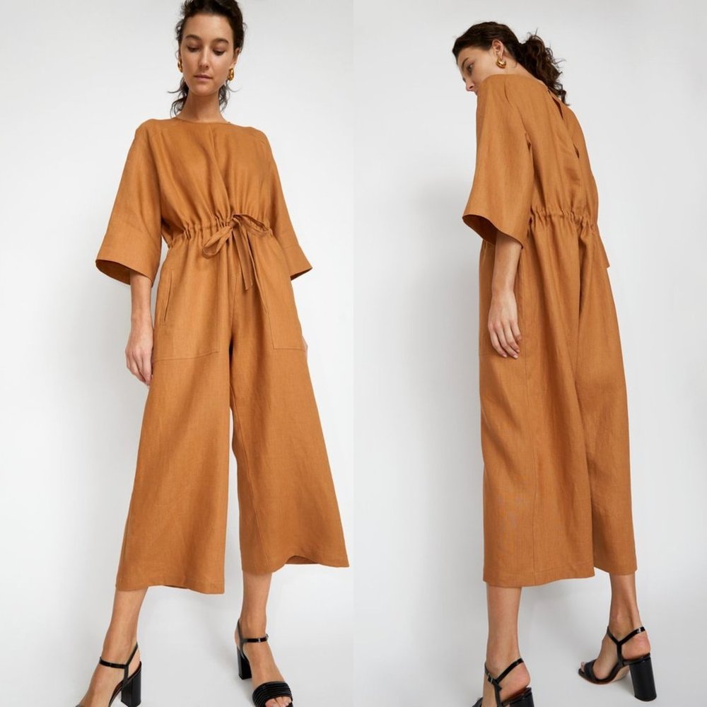 No.6 tan toast brown linen Ida oversized jumpsuit